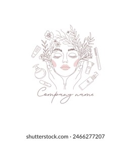  Elegant Logo. line art Floral Face Logo surrounded by cosmetics and skincare products for Beauty and Skincare Branding Design