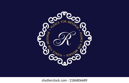 Elegante logo y diseño de monograma con letra exclusiva R en el centro sobre fondo oscuro, plantilla vectorial. Exquisito