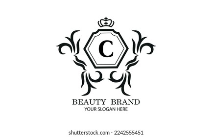 Elegant logo or monogram design template with initial C. Luxury linear logo design. Letter symbol frame for cosmetics, organic, royal, jewelry brand, company brand.