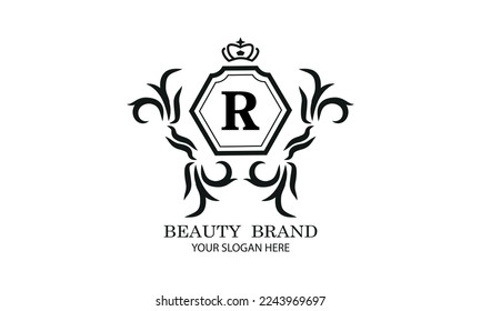 Elegant logo or monogram design template with initial R. Luxury linear logo design. Letter symbol frame for cosmetics, organic, royal, jewelry brand, company brand.