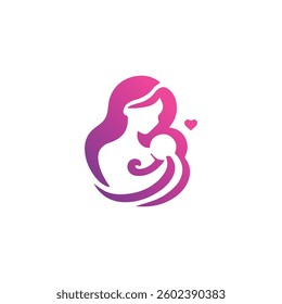 Elegant logo of a mother lovingly holding her baby, with a heart symbol. Perfect for maternity, childcare, parenting, and family-related businesses.