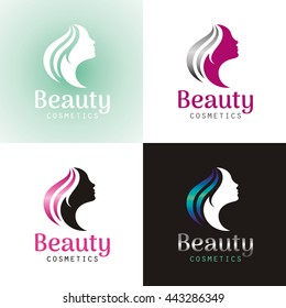 Elegant logo set with beautiful face of young adult woman with long hair. Sexy symbol silhouette of girl head icon and text lettering Beauty Cosmetics on white background for hair dress SPA salon