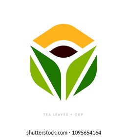Elegant logo template or icon of green tea leaves with cup of beverage