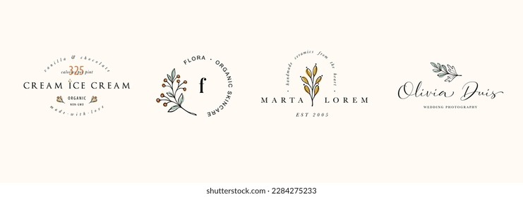 Elegant logo templates with organic plant elements. Floral monogram, hand drawn designs. Botanical feminine logos. Rustic trendy greenery, leaves and herbs. Vector illustration.