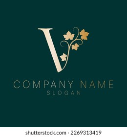 Elegant logo. V letter with leaves nature icon. V monogram logo design.