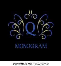 Elegant logo. Vector exquisite calligraphic design of the emblem of the capital letter Q on a black background.