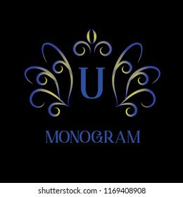 Elegant logo. Vector exquisite calligraphic design of the emblem of the capital letter U on a black background.