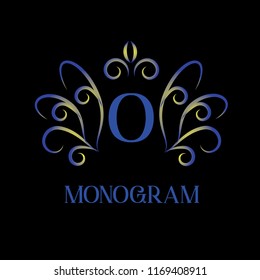 Elegant logo. Vector exquisite calligraphic design of the emblem of the capital letter O on a black background.