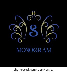 Elegant logo. Vector exquisite calligraphic design of the emblem of the capital letter S on a black background.