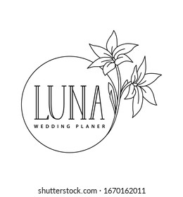 Elegant logo of wedding planner. vector logo inscribed in a circle. logo with flowers and company name Luna