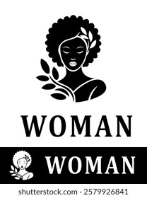 Elegant logo of a woman with natural afro hair and leafy accents