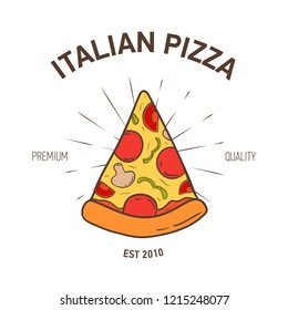 Elegant logotype with pizza slice and radial rays on white background. Colored vector illustration hand drawn in vintage style for label or logo of Italian gourmet meals or fast food delivery service.