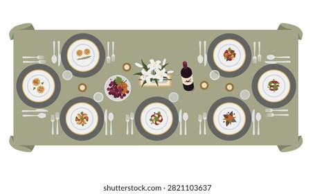 Elegant long banquet table set with gourmet plates and flower centerpieces surrounded by candles and wine for a celebratory dinner.
