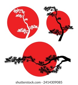 elegante rama de pino largo contra disco de sol rojo - diseño tradicional japonés de silueta vectorial de naturaleza