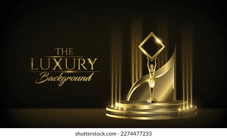 Elegant Looking Trophy Podium on stage. Black Golden Award Background. Luxury Premium Graphics. Royal Kingdom Prince Style Product Display with Light Effects. Modern Graphics. Podium Plinth Award Base