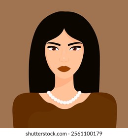 elegant looking woman portrait, woman with pearl necklace illustration, straight black hair woman vector illustration