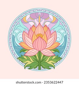 Elegante brote de flores de loto y hoja en círculo.El diseño redondeado está hecho para el adorno de motivos orientales.Ilustración vectorial.