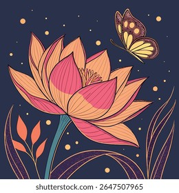 Elegant lotus flower illustration with a delicate butterfly, set against a dark, starry background. Perfect for nature, serenity, and beauty themes.
