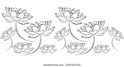 Elegant Lotus Flower Pattern in Black and White Line Art