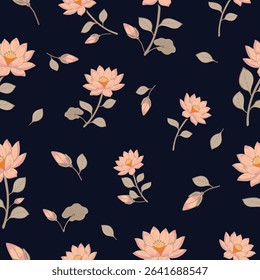 Elegant lotus flower seamless pattern with coral petals on dark navy background, perfect for home decor, textile design, wallpaper and packaging