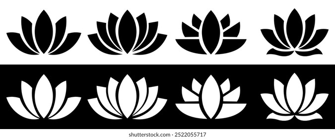 Elegante Lotus Blumen Silhouetten in verschiedenen Stilen. Vektorgrafik einzeln auf weißem Hintergrund.