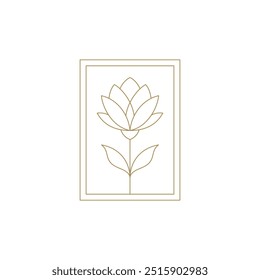 Elegante flor de lótus com caule e folhas no quadro retangular ilustração de vetor ícone de arte de linha dourada. Logotipo emblema de luxo planta floral natural bonito para bem-estar do spa relaxar meditação cosmetology