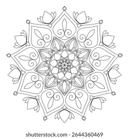 
Elegant Lotus Mandala Coloring Page with Ornate Floral Details - Symmetrical Vector Art for Adult Relaxation and Mindfulness Practice