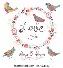 Elegant love card with birds and floral wreath in vector format