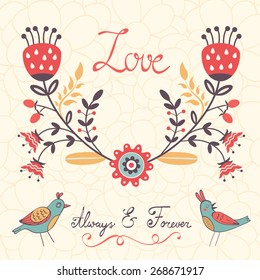 Elegant love card with birds and floral wreath in vector format