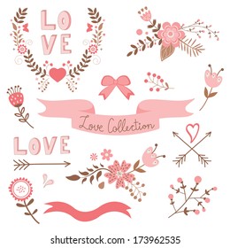 Elegant love collection: ribbons, flowers, hearts, arrows