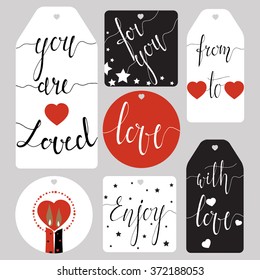 Elegant Love gift tag collection. Ink hand lettering. Black, Red & White hand drawn vector illustration.