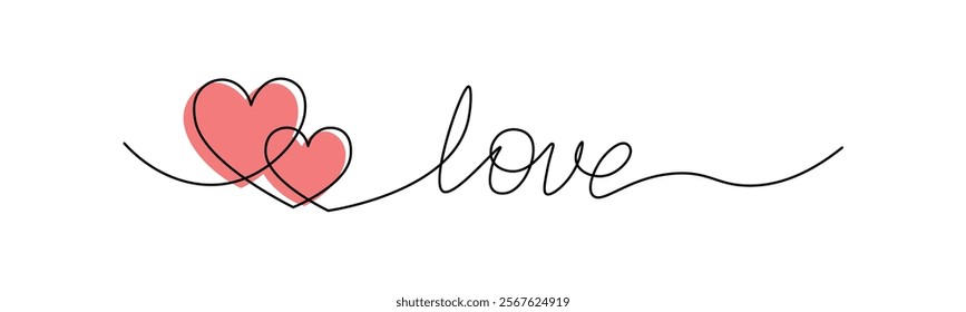 Elegant love typography in continuous one line drawing style with pink hearts. Perfect for Valentines Day graphics, wedding designs, and romantic-themed artwork. Editable stroke