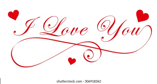 Elegant - I Love You - Handwriting Font with Red Heart Symbols on white Background - Vector Illustration