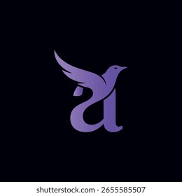 An elegant lowercase 'a' logo with a graceful bird in flight, rendered in a soothing purple gradient. Ideal for serene, spiritual, or sophisticated brands.