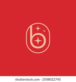 Elegant Lowercase B Letter with Spark Stars within Oval Shape Logo Design Vector