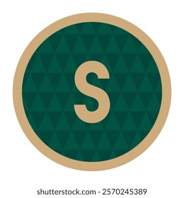 Elegant lowercase gold letter s framed in a green circular border with triangle patterns, ideal for logos, invitations, or artistic compositions.