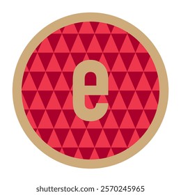 Elegant lowercase letter e encased in a golden frame, set against a red geometric triangle background