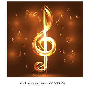 Elegant luminous contour of the treble clef on a dark background, neon-effect, music, musical note