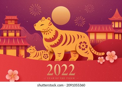 Elegant lunar new year background with tigers and Asian traditional houses. Concept of 2022 Chinese zodiac animal sign. Paper cutting design