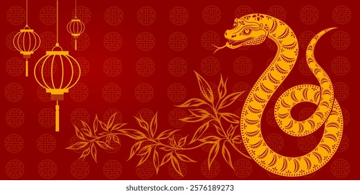 Elegant Lunar New Year vector artwork featuring customizable symbols of snakes and red lanterns. Designed in festive red and gold tones, this artwork embodies the spirit of celebration and prosperity.