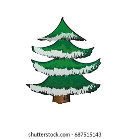 Elegant and luxuriant Christmas tree with snow in branches / twigs. Wood and brown trunk / barrel / body. It can be used for Christmas post card, present paper, articles. By Letowa.