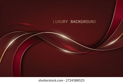Elegant and luxurious abstract background with overlapping red ribbons and golden wave lines.