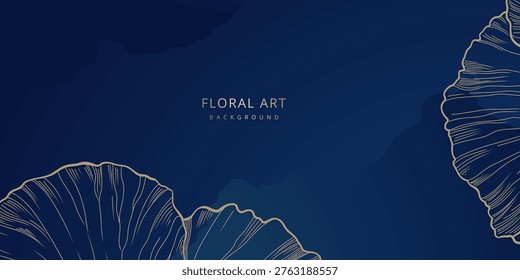 Elegant luxurious blue background with hand drawn golden line art floral pattern. Floral frame. Vector template for wedding invitation, greeting card, branding, design and wallpaper