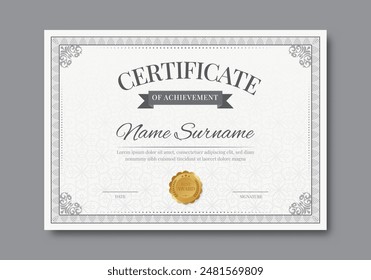 Elegant and luxurious certificate template with badge. Classic frame pattern diploma