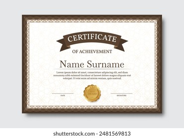 Elegant and luxurious certificate template with badge. Classic frame pattern diploma