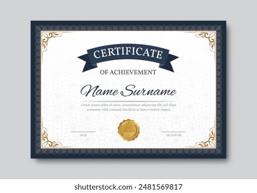 Elegant and luxurious certificate template with badge. Classic frame pattern diploma