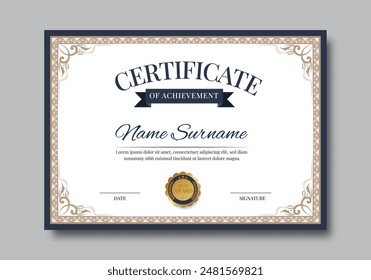 Elegant and luxurious certificate template with badge. Classic frame pattern diploma