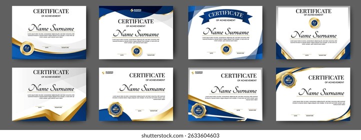Modelo de certificado elegante e luxuoso. design de certificados azuis e dourados. Concede formação de diploma. vetor