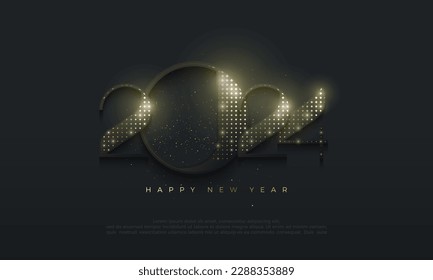 Elegant and luxurious design happy new year greeting 2024. number design with luminous shiny gold glitter. Premium vector design for 2024 new year banner, poster, template.