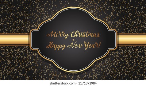 Elegant luxurious greeting card for Christmas and New Year. Golden card on a black gradient background. Fashion Trend minimalistic abstract style.
